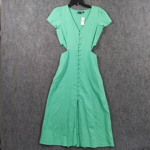 Gap Dress Womens 2 Green Linen Cutout Button Front Midi Short Sleeve V Neck